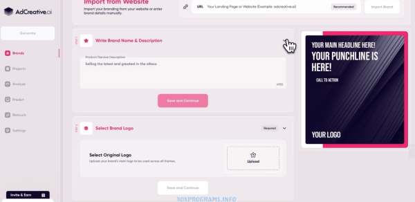 Интерфейс AdCreative.ai для генерации рекламных креативов AI