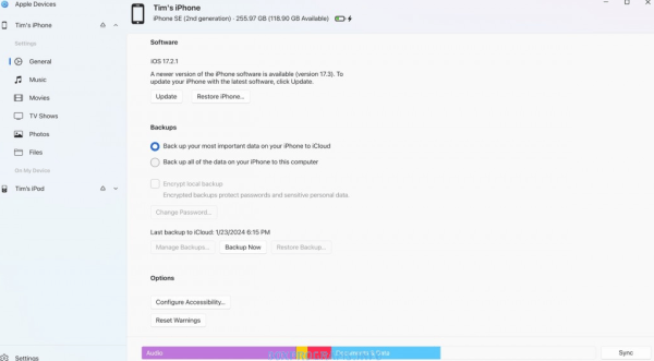 Создание резервной копии iPhone в программе Apple Devices на компьютере