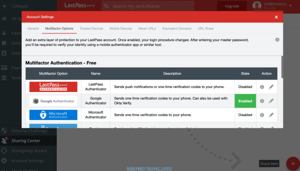 Панель управления LastPass Premium с настройками безопасности